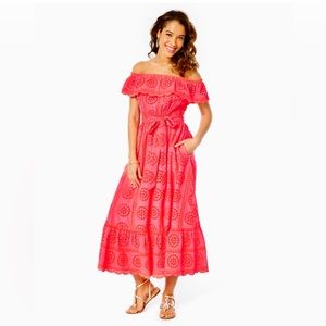 Liabella Off-The-Shoulder Eyelet Midi Dress